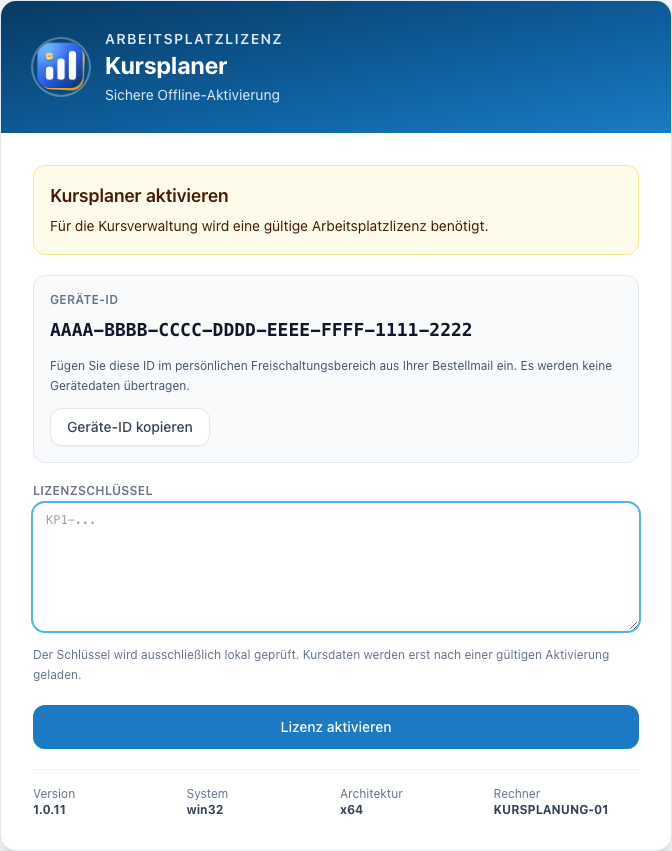 Kursplaner-Aktivierungsansicht mit fiktiver Geräte-ID und der Schaltfläche Geräte-ID kopieren