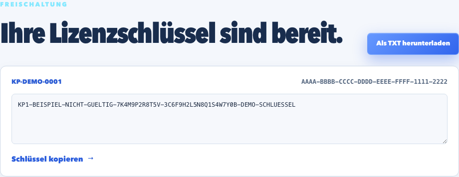 Beispiel eines erzeugten ungültigen Demo-Lizenzschlüssels mit der Schaltfläche Schlüssel kopieren