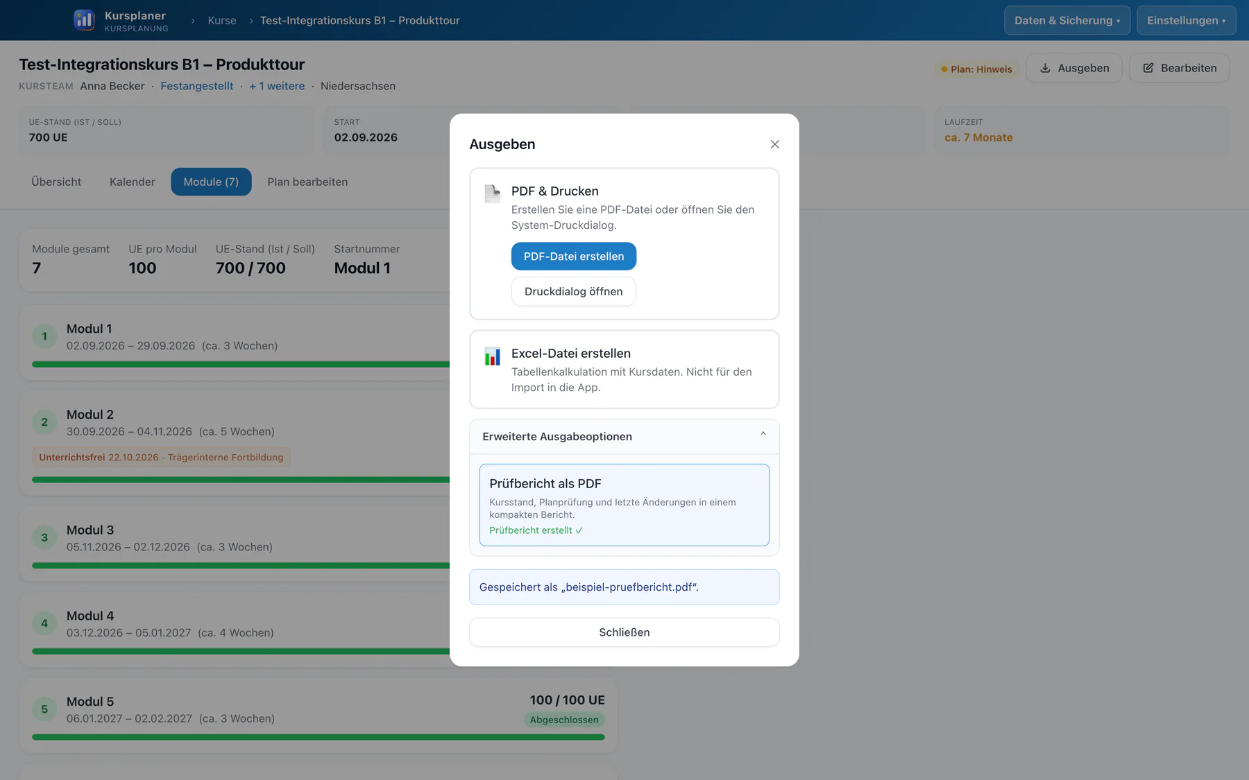 Ausgabedialog von Kursplaner mit PDF, Excel und Prüfbericht